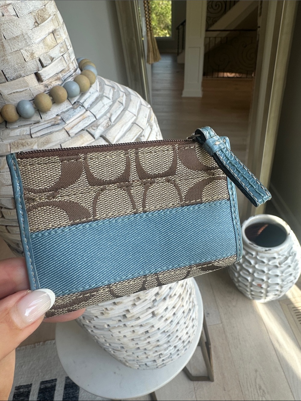 Coach Brown Signature Canvas Card Holder with Blue Denim Trim